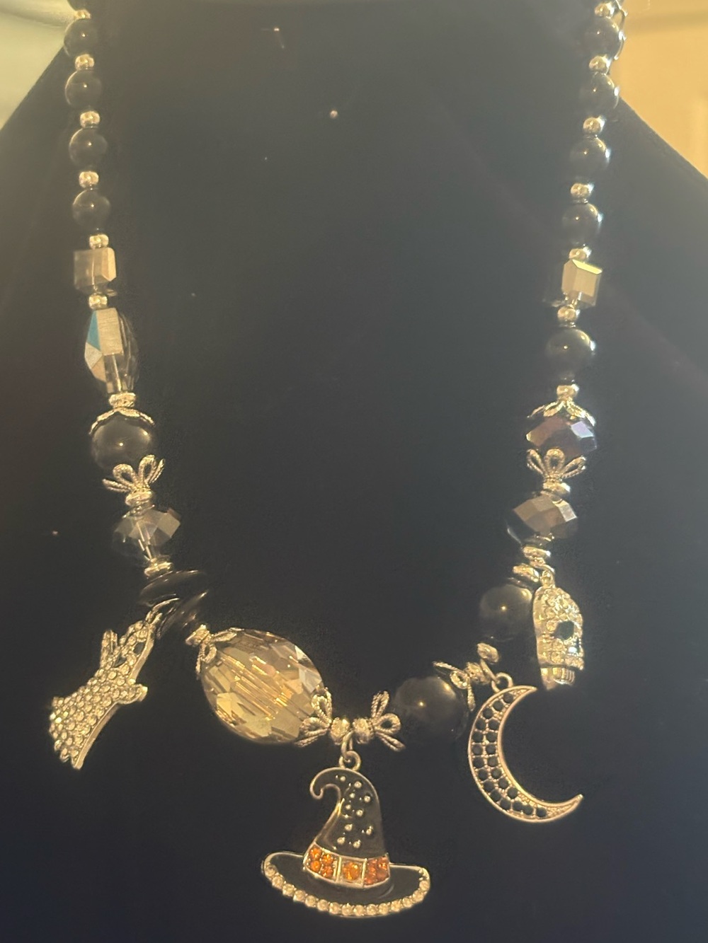 Silver-Tone Black Bead Halloween Charm Necklace with Crystal Accents
